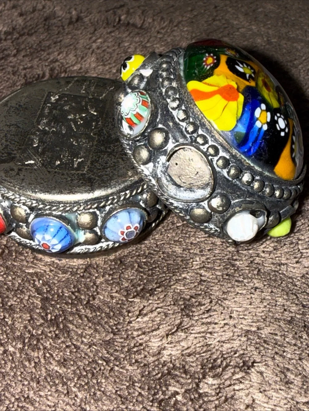 Bill box Millefiori Glass Trinket Box -Metal vintage